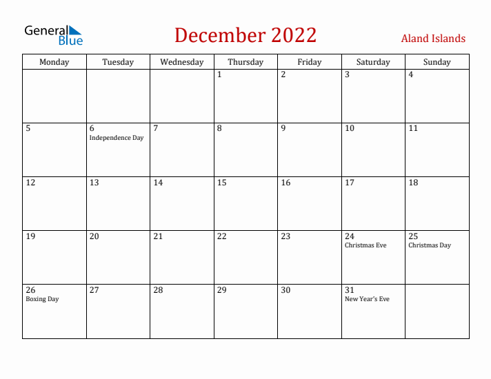 Aland Islands December 2022 Calendar - Monday Start