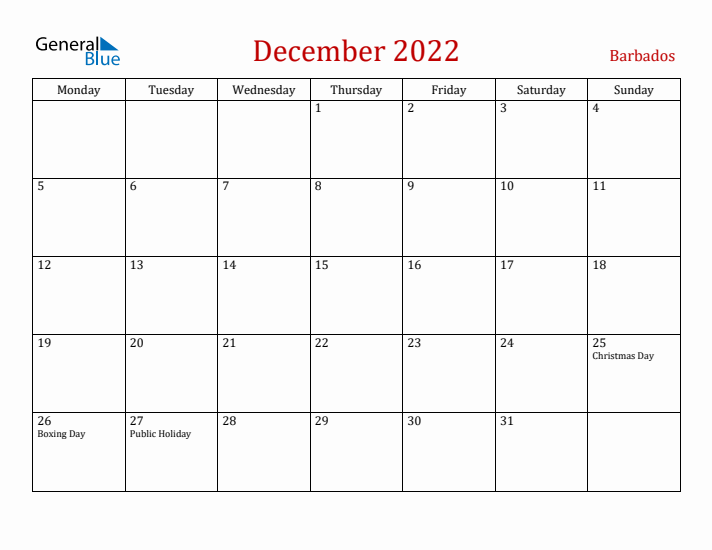 Barbados December 2022 Calendar - Monday Start