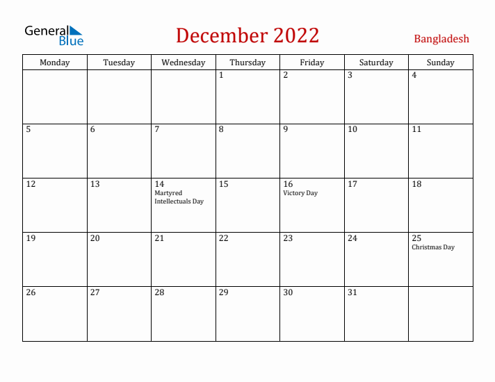 Bangladesh December 2022 Calendar - Monday Start