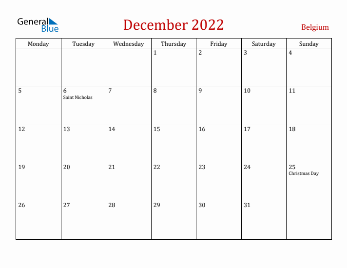 Belgium December 2022 Calendar - Monday Start