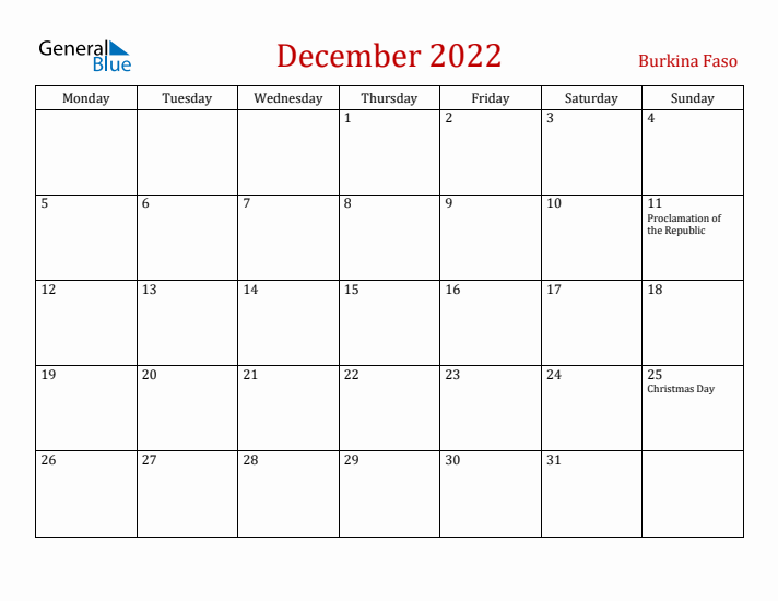 Burkina Faso December 2022 Calendar - Monday Start