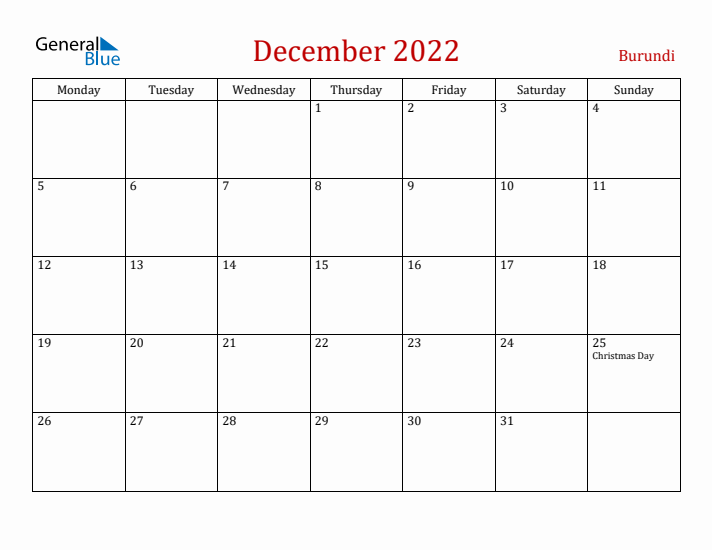 Burundi December 2022 Calendar - Monday Start