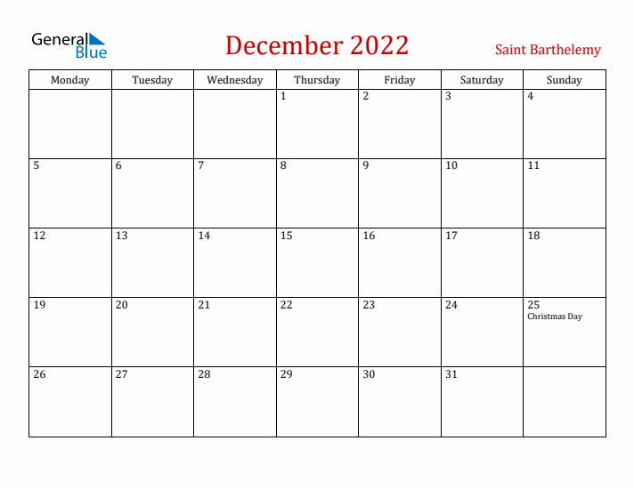 Saint Barthelemy December 2022 Calendar - Monday Start