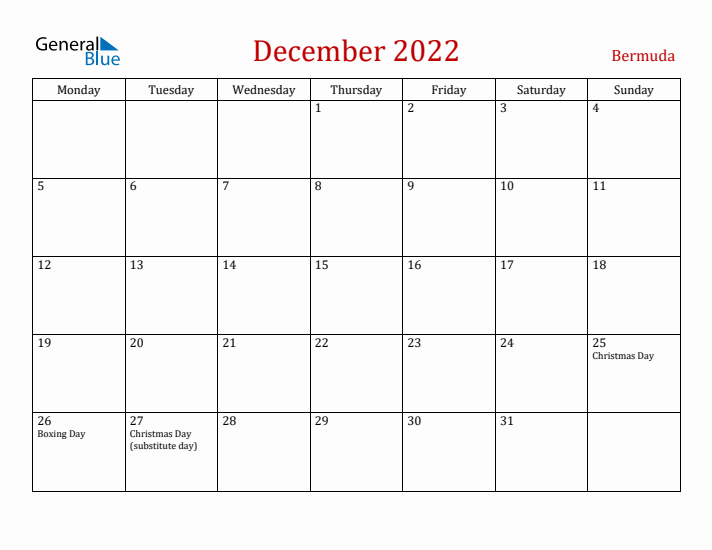 Bermuda December 2022 Calendar - Monday Start
