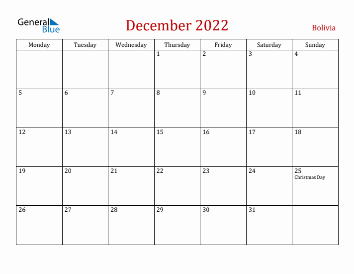 Bolivia December 2022 Calendar - Monday Start