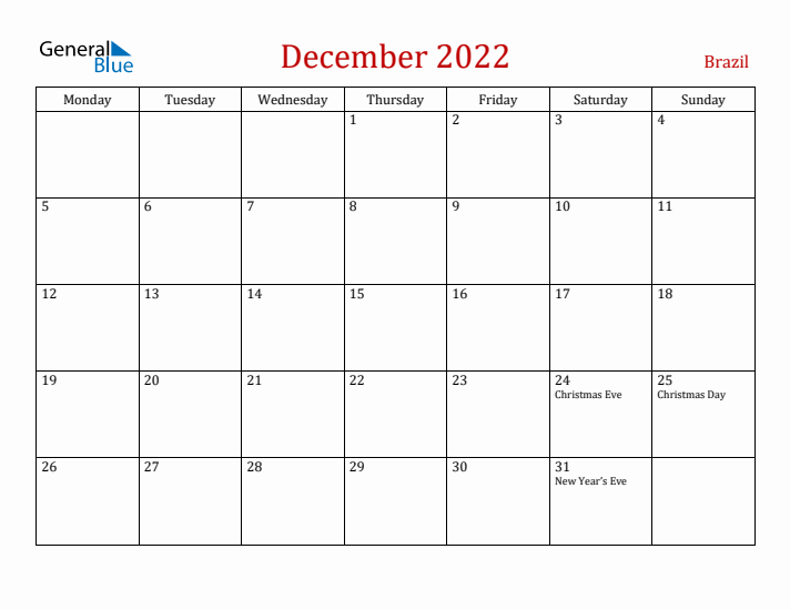 Brazil December 2022 Calendar - Monday Start