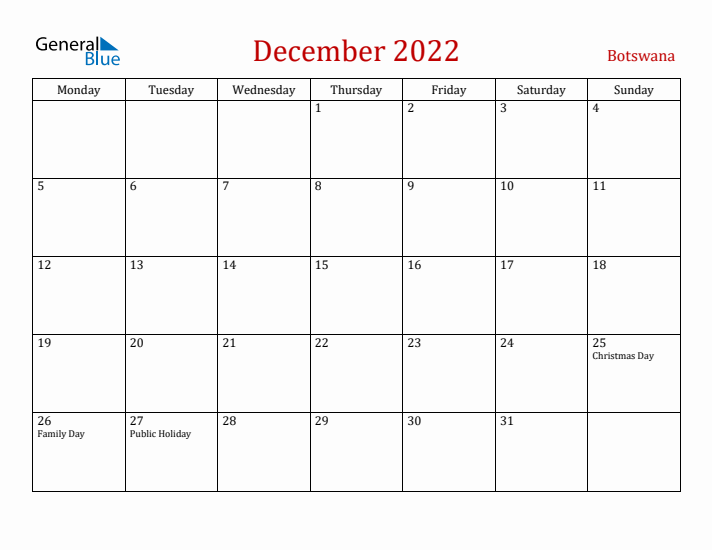 Botswana December 2022 Calendar - Monday Start