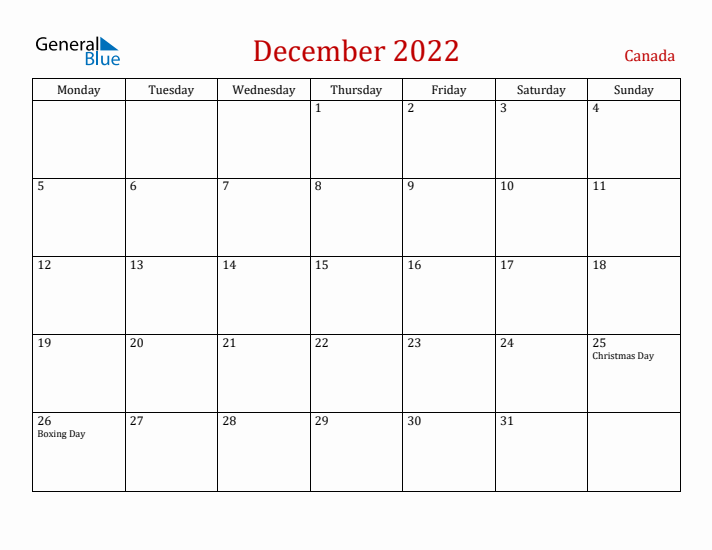 Canada December 2022 Calendar - Monday Start