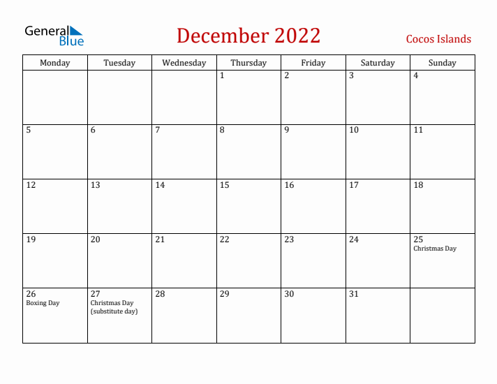 Cocos Islands December 2022 Calendar - Monday Start