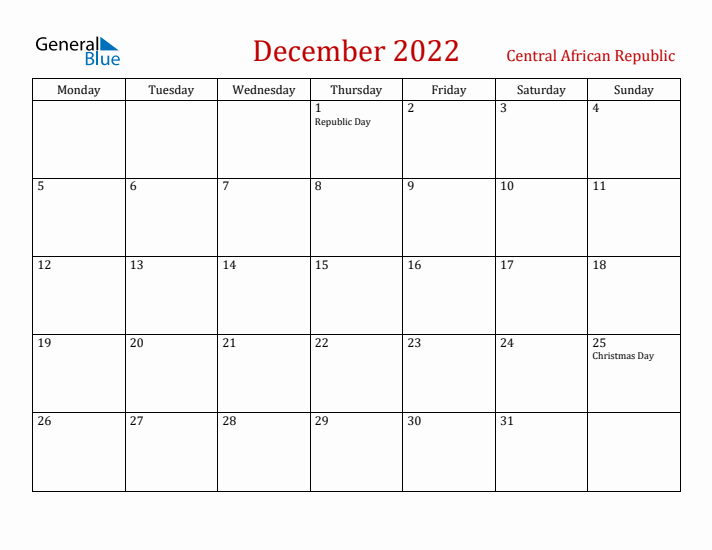 Central African Republic December 2022 Calendar - Monday Start