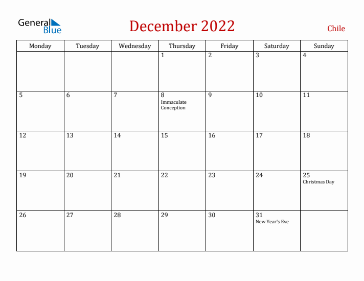 Chile December 2022 Calendar - Monday Start