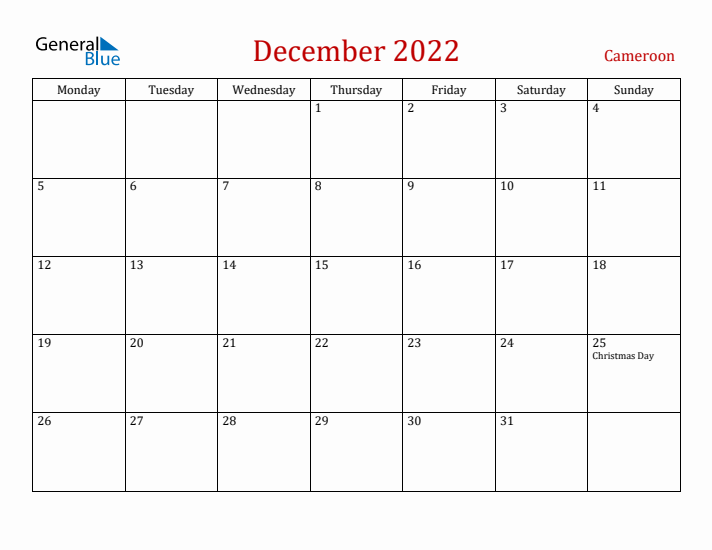 Cameroon December 2022 Calendar - Monday Start