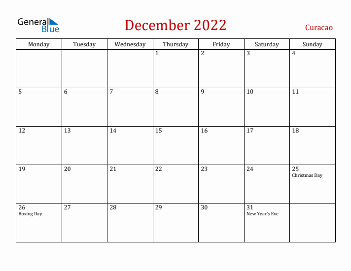 Curacao December 2022 Calendar - Monday Start