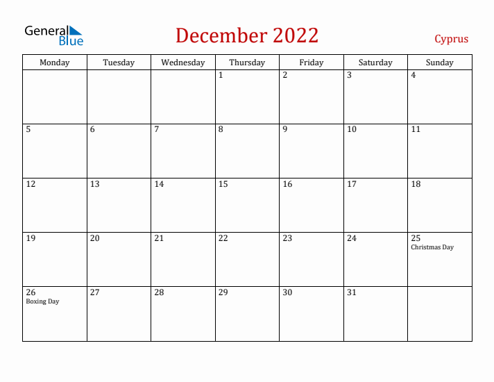 Cyprus December 2022 Calendar - Monday Start