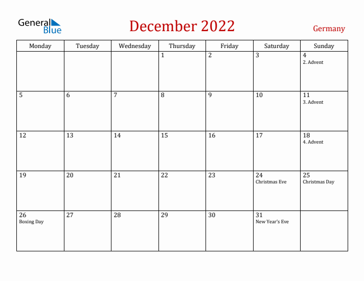 Germany December 2022 Calendar - Monday Start