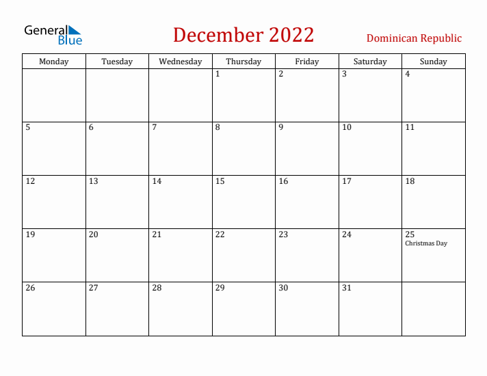 Dominican Republic December 2022 Calendar - Monday Start