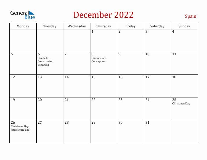 Spain December 2022 Calendar - Monday Start