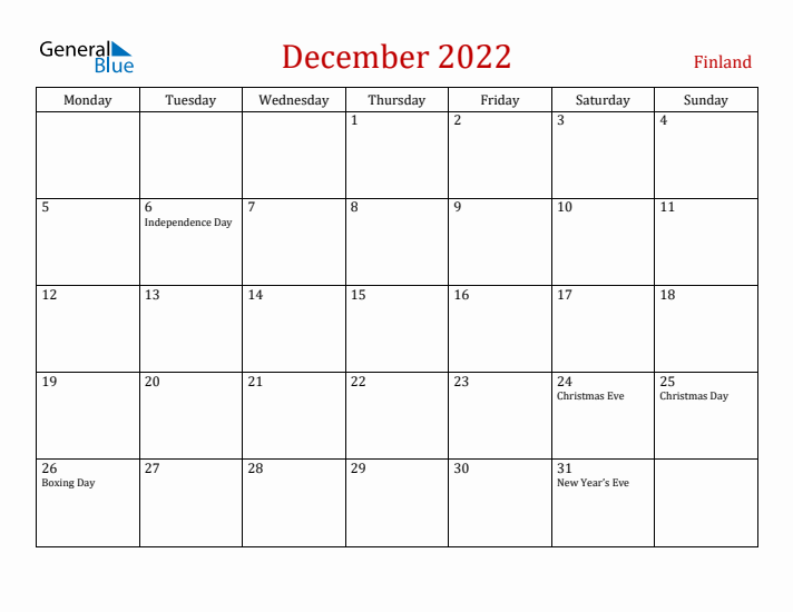 Finland December 2022 Calendar - Monday Start