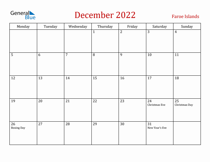 Faroe Islands December 2022 Calendar - Monday Start