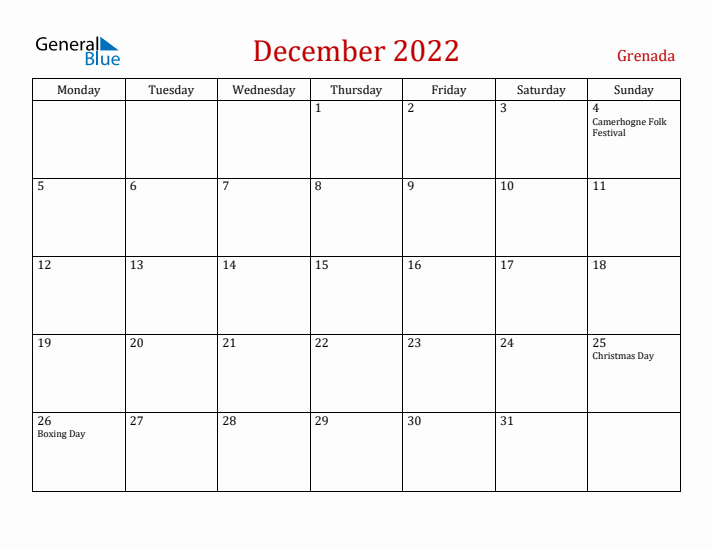 Grenada December 2022 Calendar - Monday Start