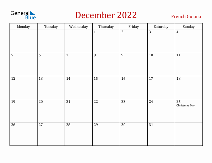 French Guiana December 2022 Calendar - Monday Start