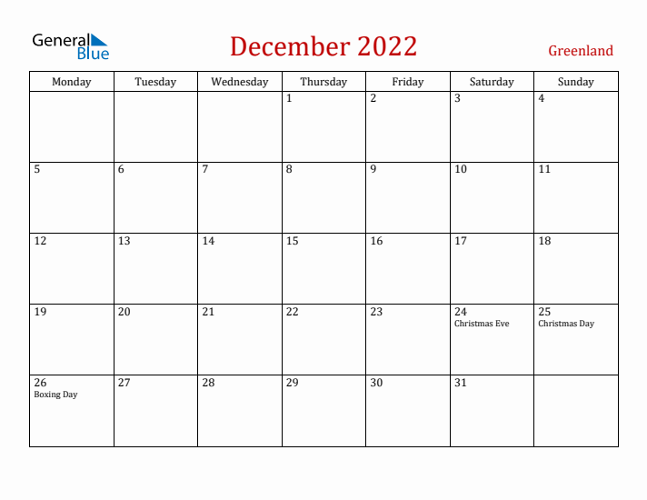 Greenland December 2022 Calendar - Monday Start