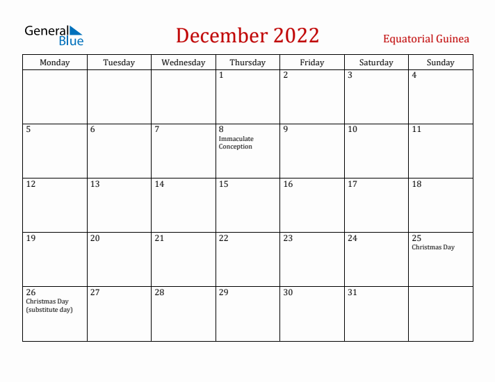 Equatorial Guinea December 2022 Calendar - Monday Start