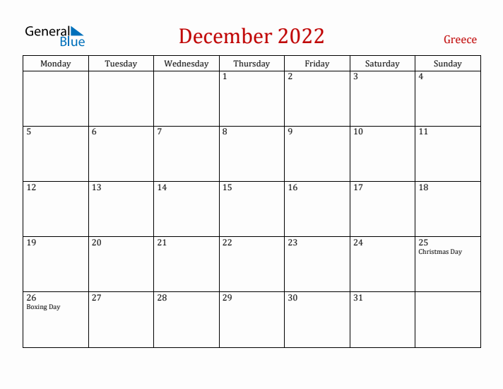Greece December 2022 Calendar - Monday Start