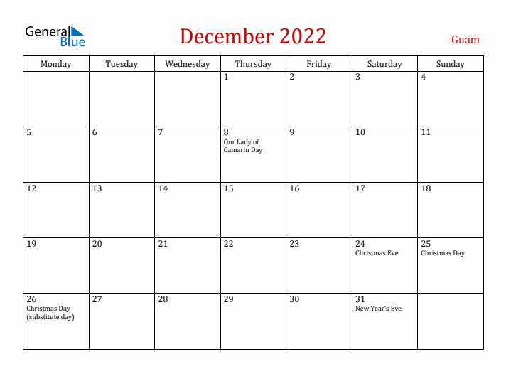 Guam December 2022 Calendar - Monday Start