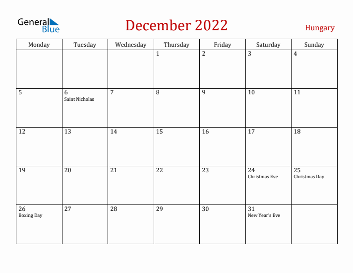 Hungary December 2022 Calendar - Monday Start