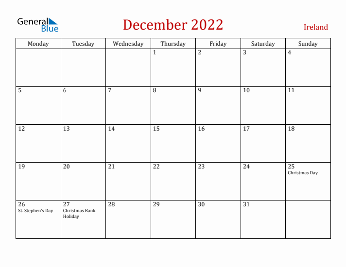 Ireland December 2022 Calendar - Monday Start