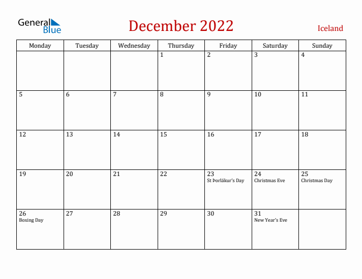 Iceland December 2022 Calendar - Monday Start