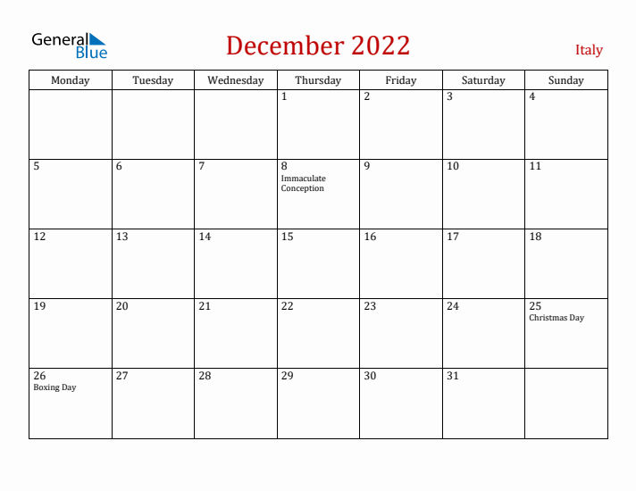 Italy December 2022 Calendar - Monday Start