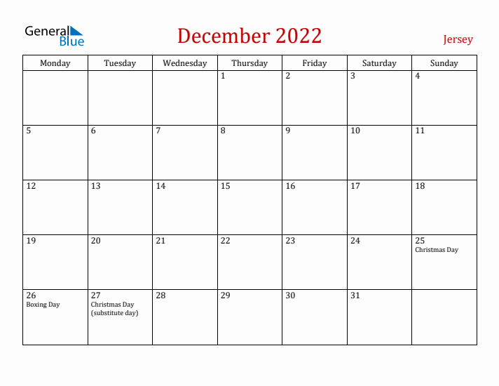 Jersey December 2022 Calendar - Monday Start