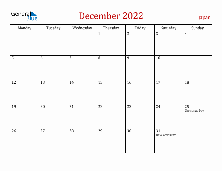 Japan December 2022 Calendar - Monday Start