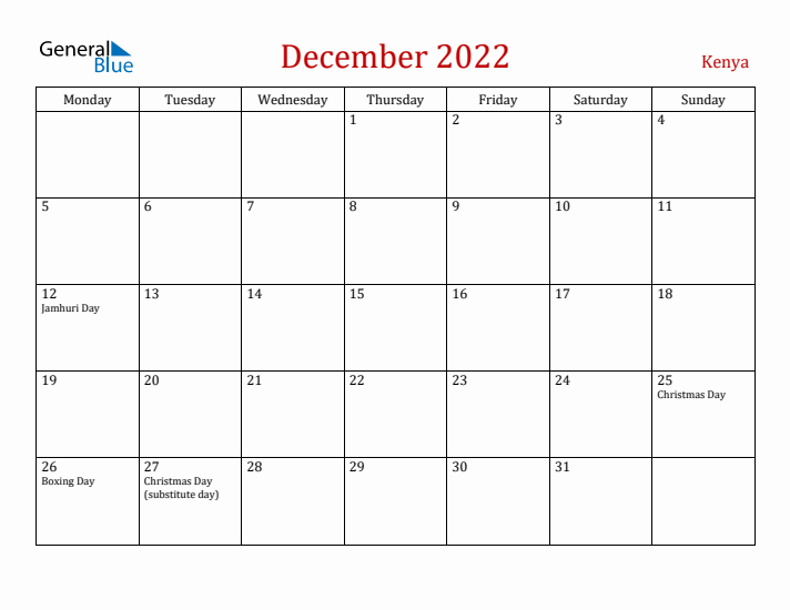 Kenya December 2022 Calendar - Monday Start
