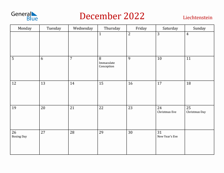 Liechtenstein December 2022 Calendar - Monday Start