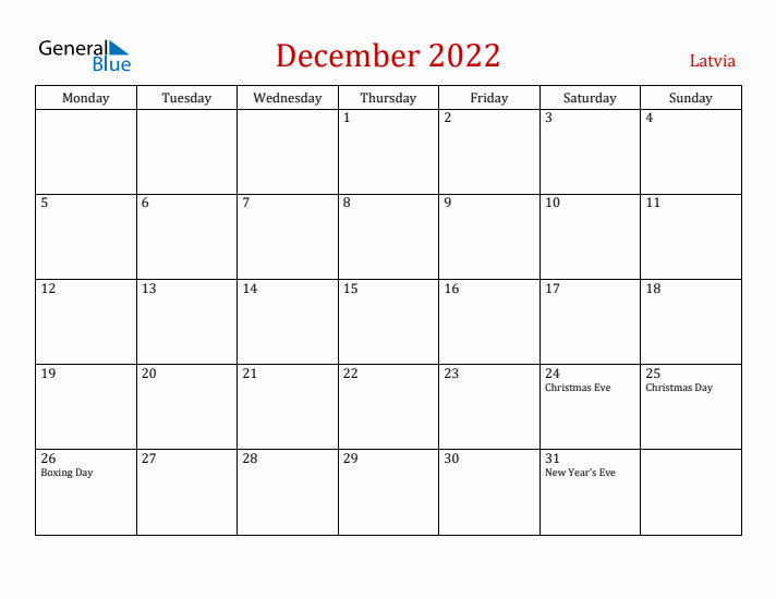 Latvia December 2022 Calendar - Monday Start