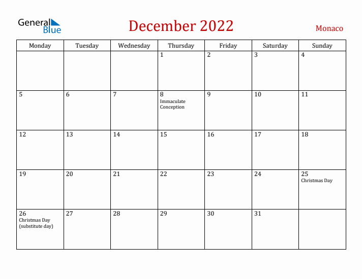 Monaco December 2022 Calendar - Monday Start