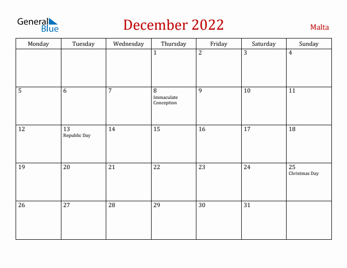 Malta December 2022 Calendar - Monday Start
