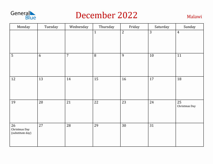 Malawi December 2022 Calendar - Monday Start
