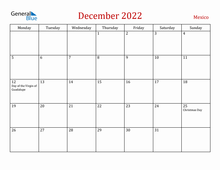Mexico December 2022 Calendar - Monday Start