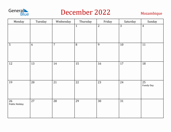 Mozambique December 2022 Calendar - Monday Start