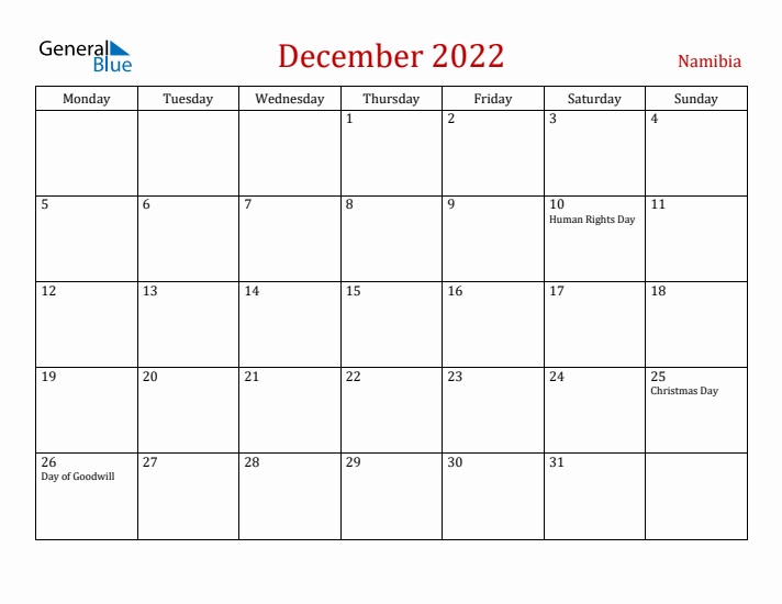 Namibia December 2022 Calendar - Monday Start