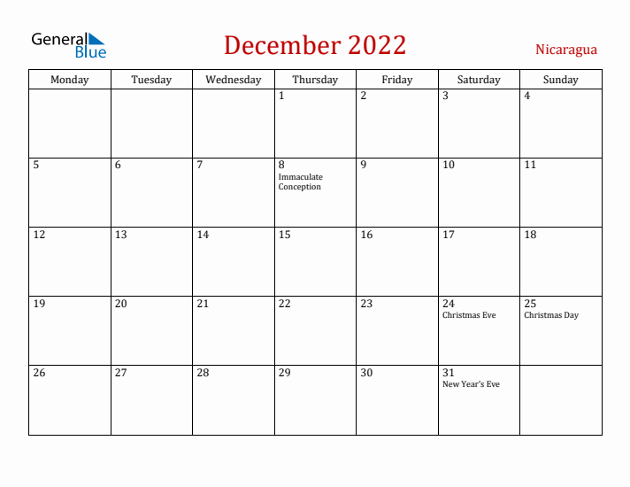 Nicaragua December 2022 Calendar - Monday Start