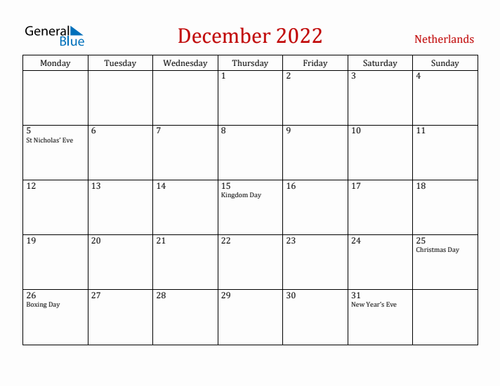 The Netherlands December 2022 Calendar - Monday Start