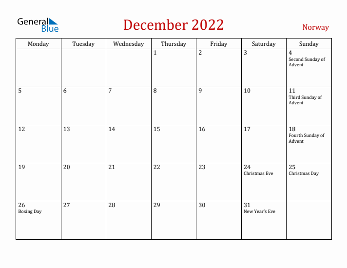 Norway December 2022 Calendar - Monday Start