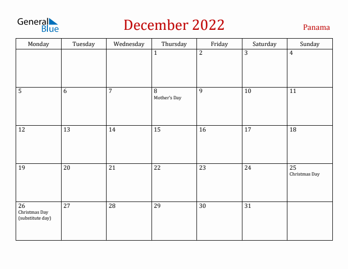 Panama December 2022 Calendar - Monday Start