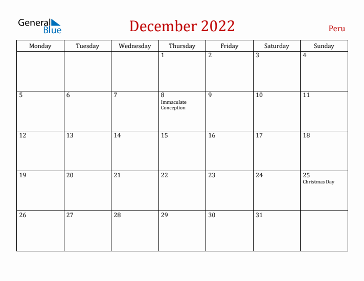 Peru December 2022 Calendar - Monday Start