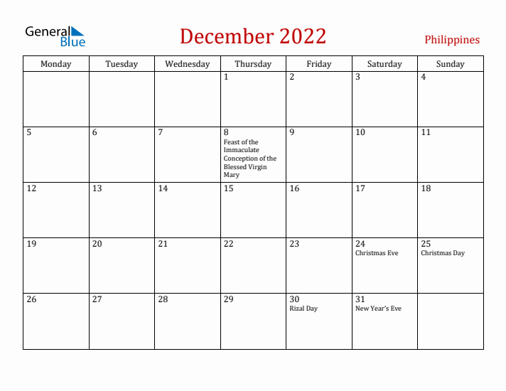 Philippines December 2022 Calendar - Monday Start